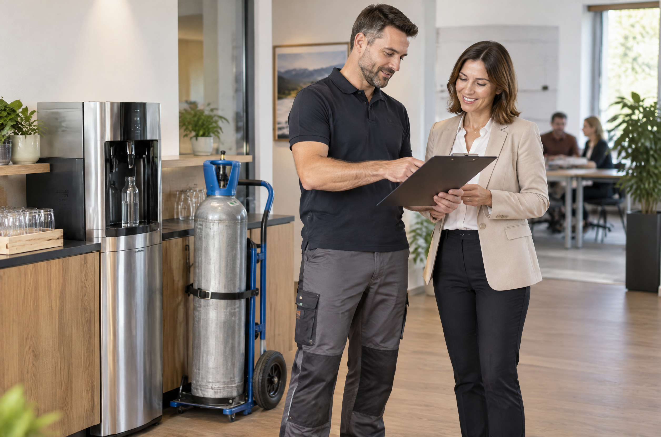 Illustrative Darstellung zum Ratgeberthema CO₂-Service für Wasserspender: Tausch, Reserve und Zuständigkeit vergleichen