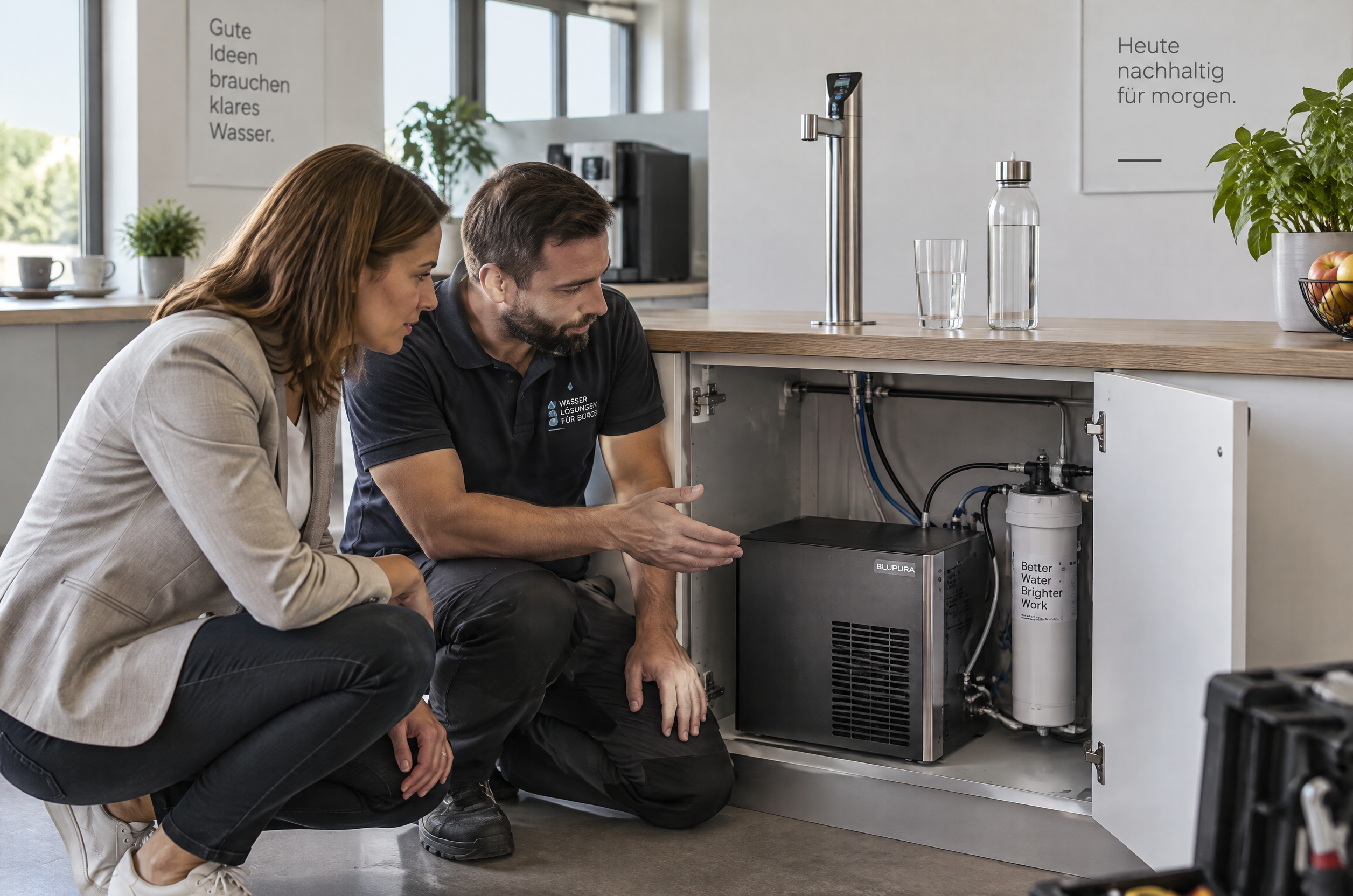 Illustrative Darstellung zum Ratgeberthema Untertisch-Wasserspender im Betrieb: Technik unter der Theke richtig einplanen