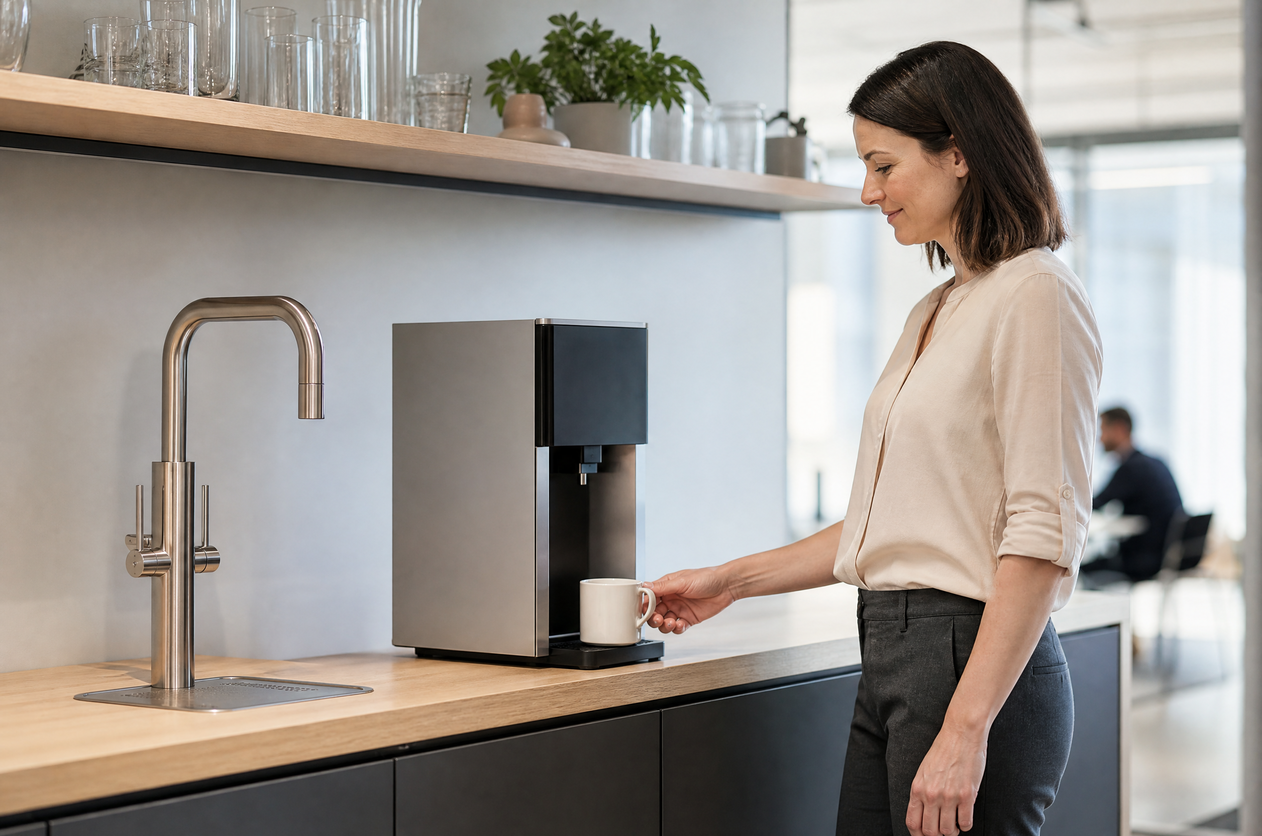Illustrative Darstellung zum Ratgeberthema Heißwasserspender oder Wasserkocher im Betrieb: den Ausgabeablauf vergleichen