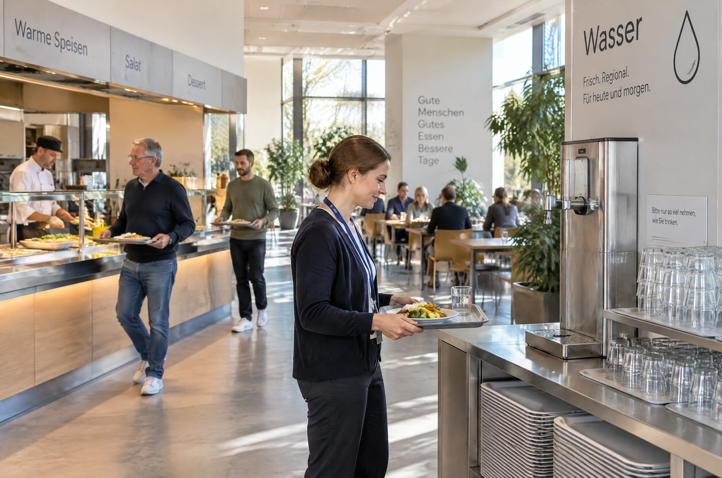 Illustrative Darstellung zum Ratgeberthema Wasserspender in der Kantine: Wo passt die Ausgabe in den Gästefluss?