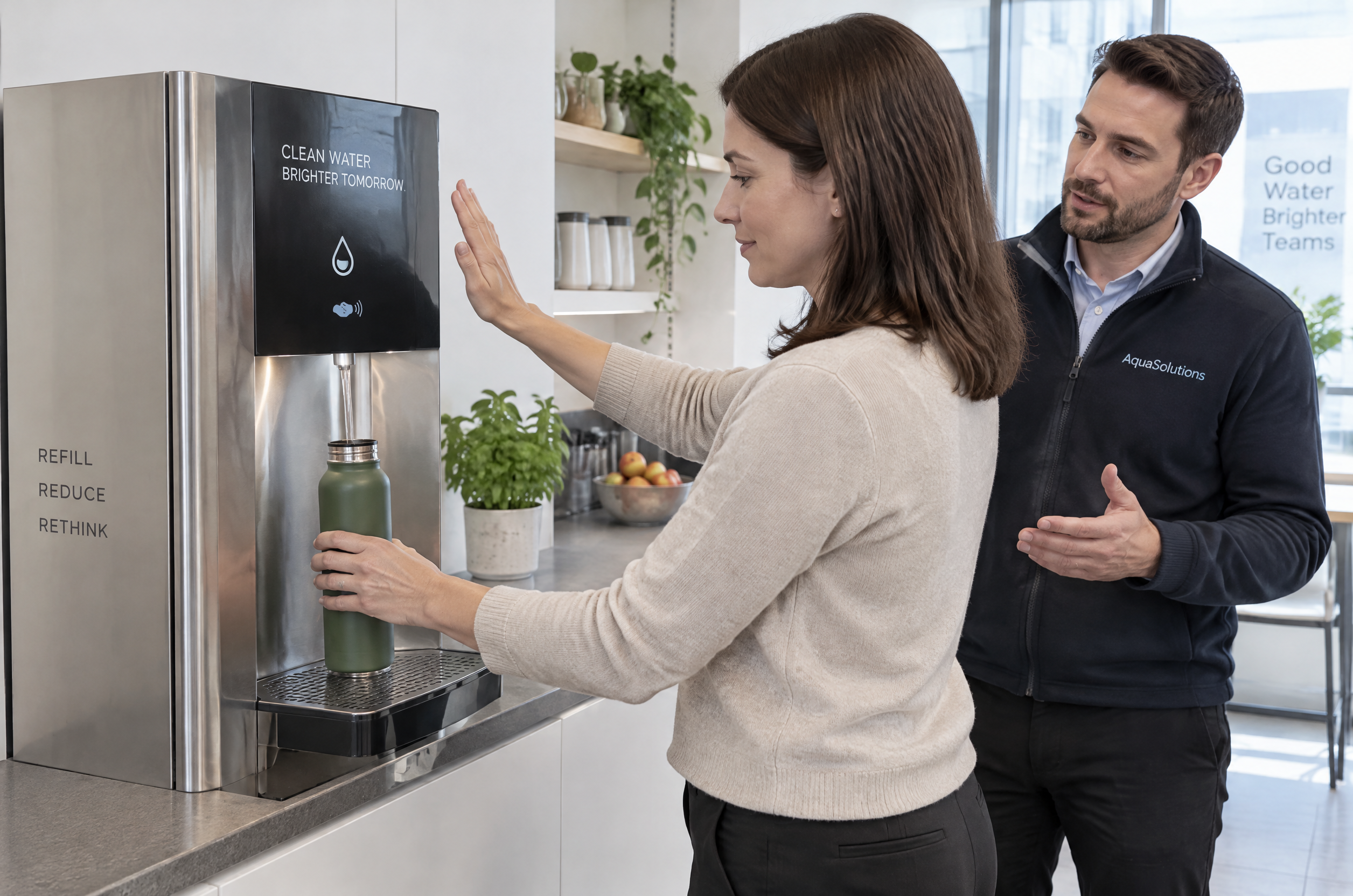 Illustrative Darstellung zum Ratgeberthema Wasserspender kontaktlos bedienen: Sensor, Fußpedal oder klassische Tasten?