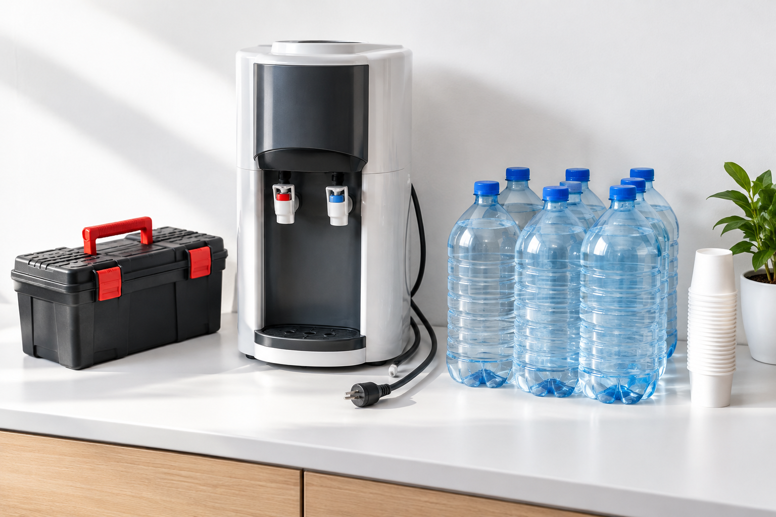 Illustrative Darstellung zum Ratgeberthema Wasserspender bei Leitungsarbeiten: Ersatzversorgung und Wiederanlauf planen
