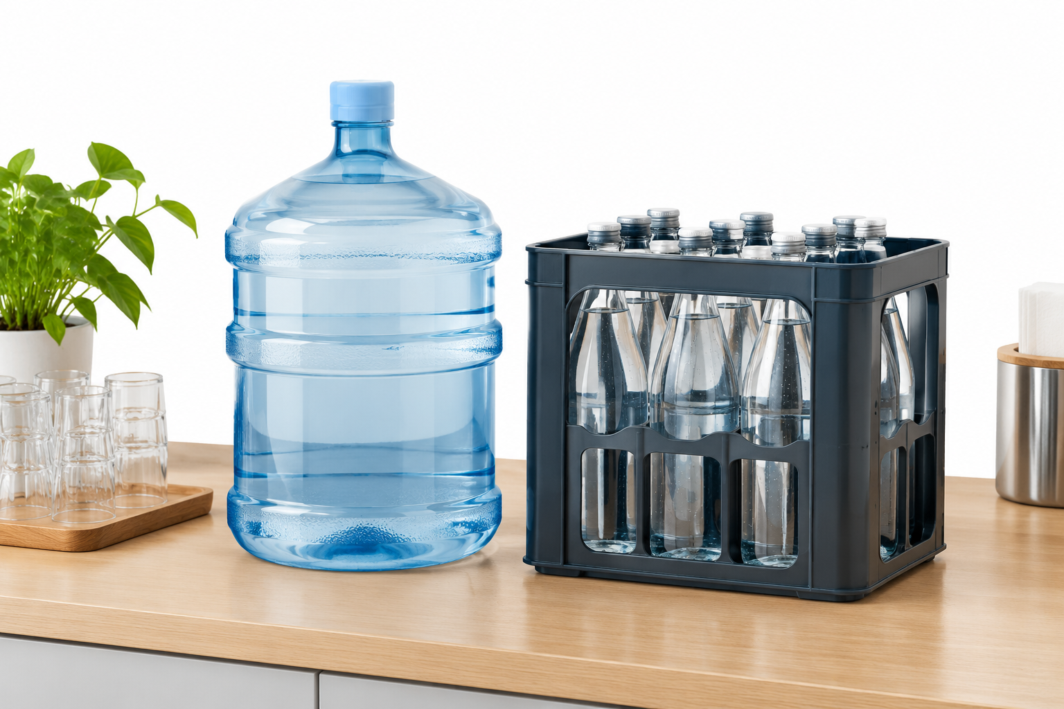 Illustrative Darstellung zum Ratgeberthema Natürliches Mineralwasser im Betrieb: Großgebinde oder Lieferflaschen?