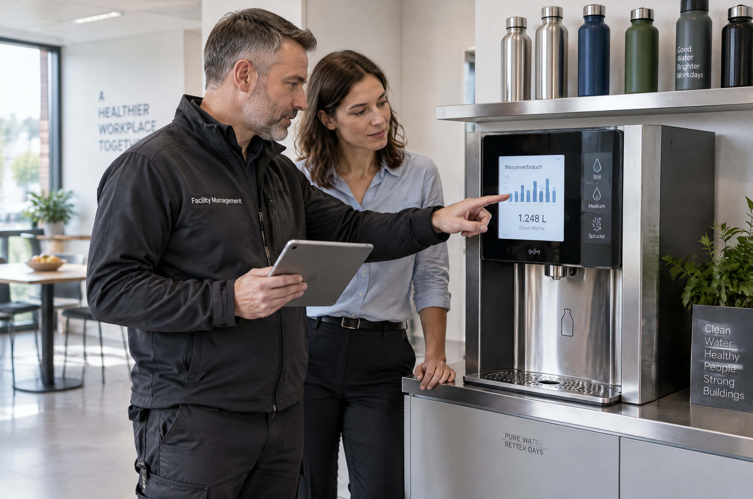 Illustrative Darstellung zum Ratgeberthema Wasserspender mit Verbrauchszähler: Wann helfen Messdaten bei der Beschaffung?