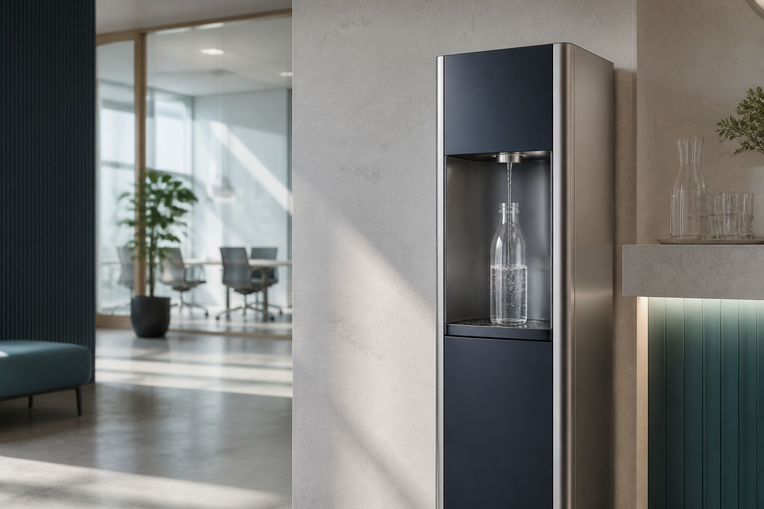 Hochwertiger leitungsgebundener Wasserspender in einem hellen modernen Bürobereich